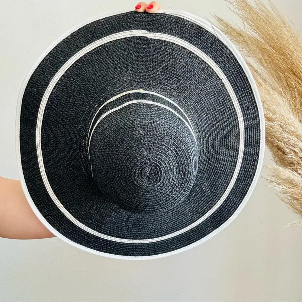 VINTAGE NORDSTROM Cream Tan Straw Wide Brim Floppy Black Stripe Wide Sun Hat - Picture 5 of 10